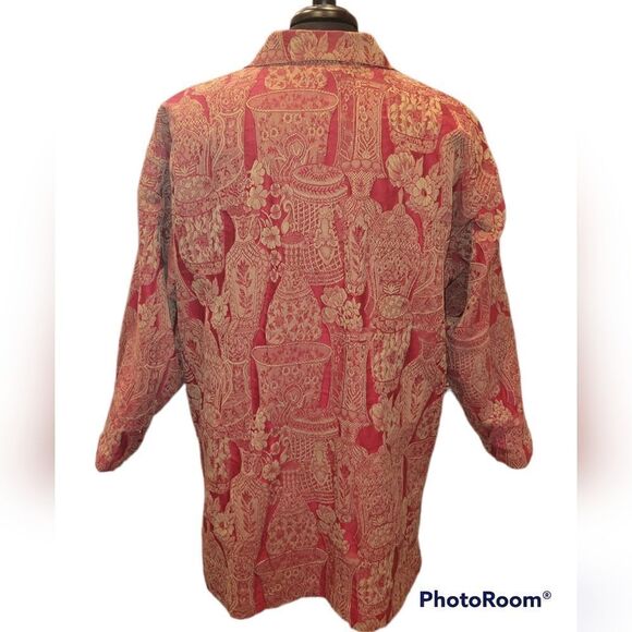 Vintage Harari Red Brocade Textured Jacket Long Sleeve Button Down Top One Size - Picture 3 of 16